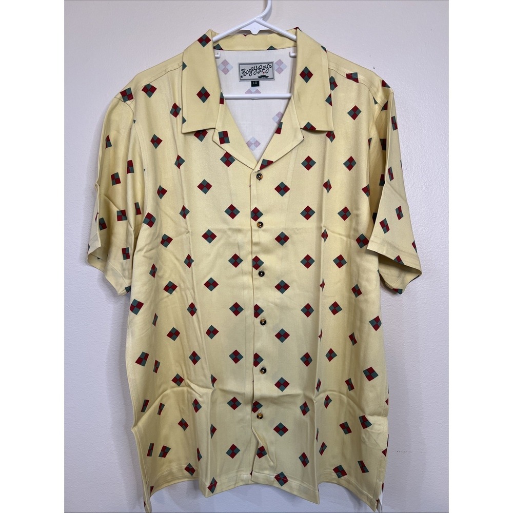 Bogey Boy Rectangle Button Up Polo Golf Shirt Men's L 70's  Rayon NWT Butter Yel